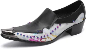 Santimon Men's Dress Casual Penny Loafers - Genuine Leather Slip On Mocasines Western Shoes with Metal-Tip Toe & Rainbow Beads for Wedding, Prom Ballroom & Party