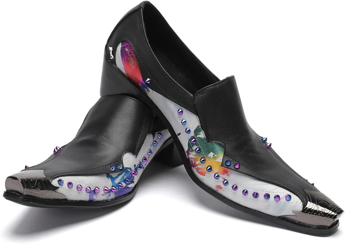 Santimon Men's Dress Casual Penny Loafers - Genuine Leather Slip On Mocasines Western Shoes with Metal-Tip Toe & Rainbow Beads for Wedding, Prom Ballroom & Party