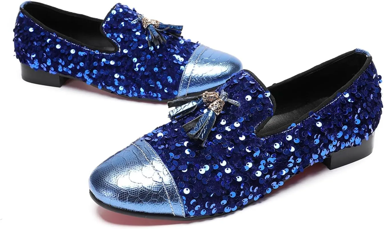 Santimon Men's Glitter & Tassel Dress Loafers | Genuine Leather Slip-On Wedding/Prom Shoes | Western-Inspired Moccasin Penny Loafers for Ballroom/Disco/Black-Tie Events
