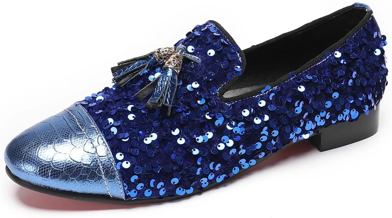 Santimon Men's Glitter & Tassel Dress Loafers | Genuine Leather Slip-On Wedding/Prom Shoes | Western-Inspired Moccasin Penny Loafers for Ballroom/Disco/Black-Tie Events