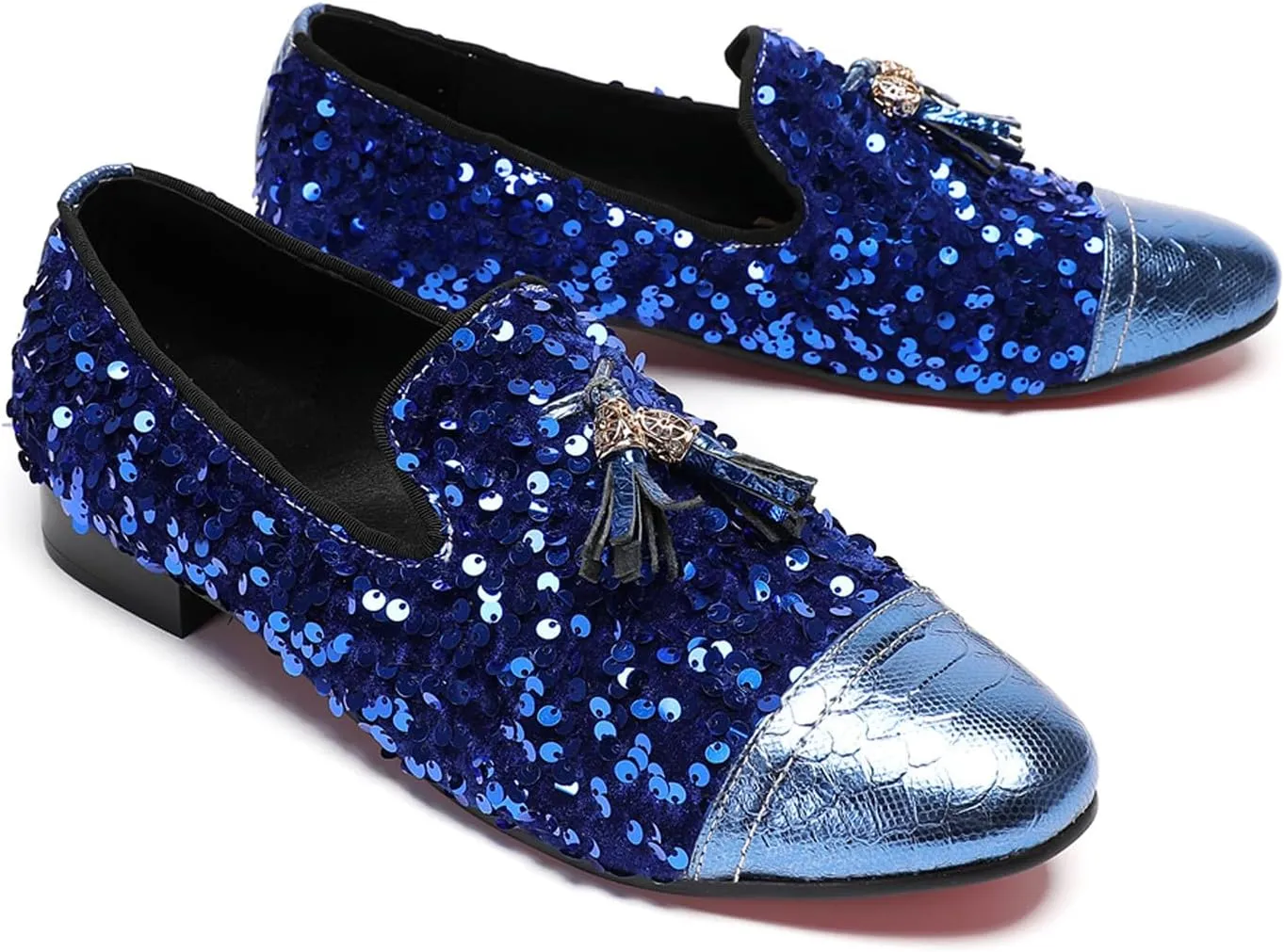 Santimon Men's Glitter & Tassel Dress Loafers | Genuine Leather Slip-On Wedding/Prom Shoes | Western-Inspired Moccasin Penny Loafers for Ballroom/Disco/Black-Tie Events