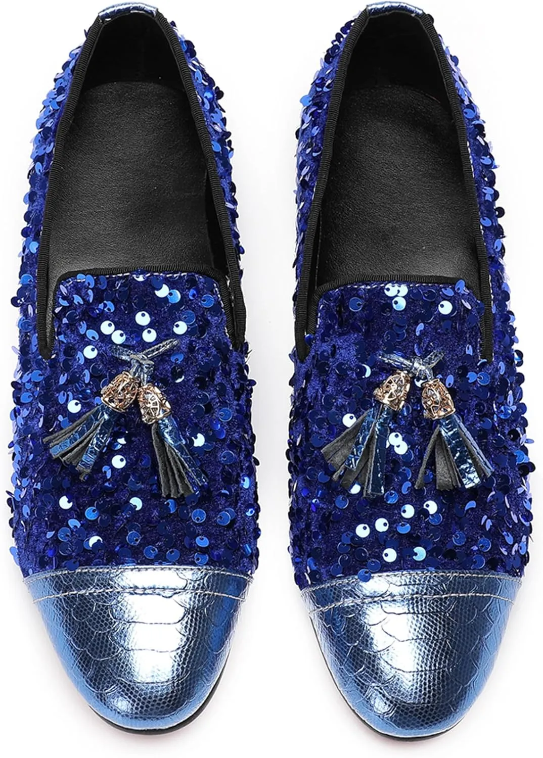 Santimon Men's Glitter & Tassel Dress Loafers | Genuine Leather Slip-On Wedding/Prom Shoes | Western-Inspired Moccasin Penny Loafers for Ballroom/Disco/Black-Tie Events