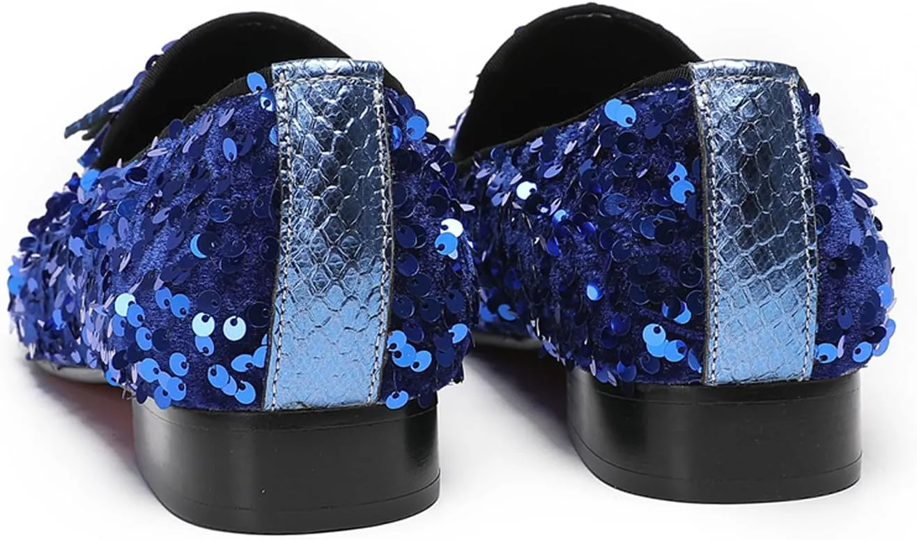 Santimon Men's Glitter & Tassel Dress Loafers | Genuine Leather Slip-On Wedding/Prom Shoes | Western-Inspired Moccasin Penny Loafers for Ballroom/Disco/Black-Tie Events