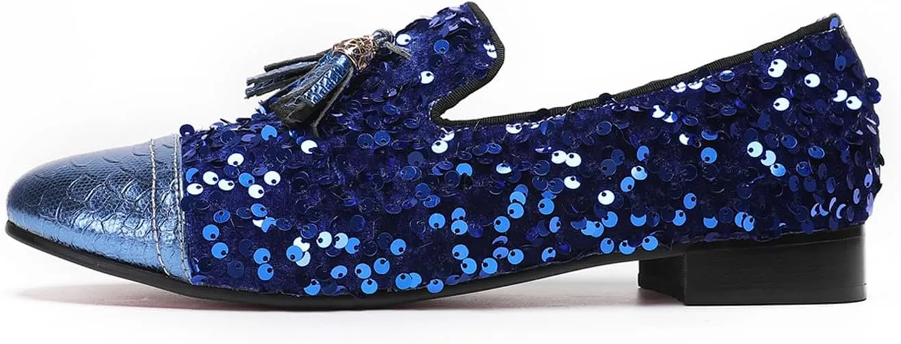 Santimon Men's Glitter & Tassel Dress Loafers | Genuine Leather Slip-On Wedding/Prom Shoes | Western-Inspired Moccasin Penny Loafers for Ballroom/Disco/Black-Tie Events