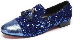 Santimon Men's Glitter & Tassel Dress Loafers | Genuine Leather Slip-On Wedding/Prom Shoes | Western-Inspired Moccasin Penny Loafers for Ballroom/Disco/Black-Tie Events