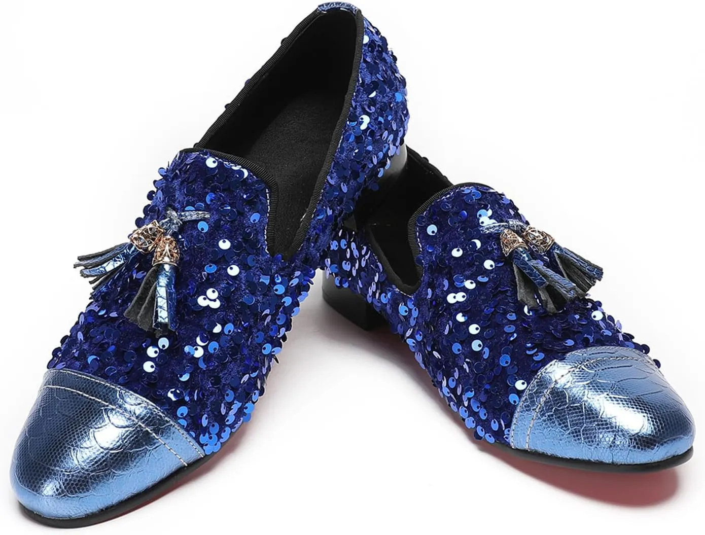 Santimon Men's Glitter & Tassel Dress Loafers | Genuine Leather Slip-On Wedding/Prom Shoes | Western-Inspired Moccasin Penny Loafers for Ballroom/Disco/Black-Tie Events