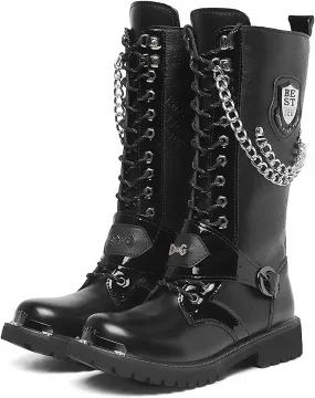 Tebapi Motorcycle Boots for Men Tactical Boots High Military Combat Boots Backpacking Boots Mid Calf Metal Chain Punk Army Boots Male Shoes Rock