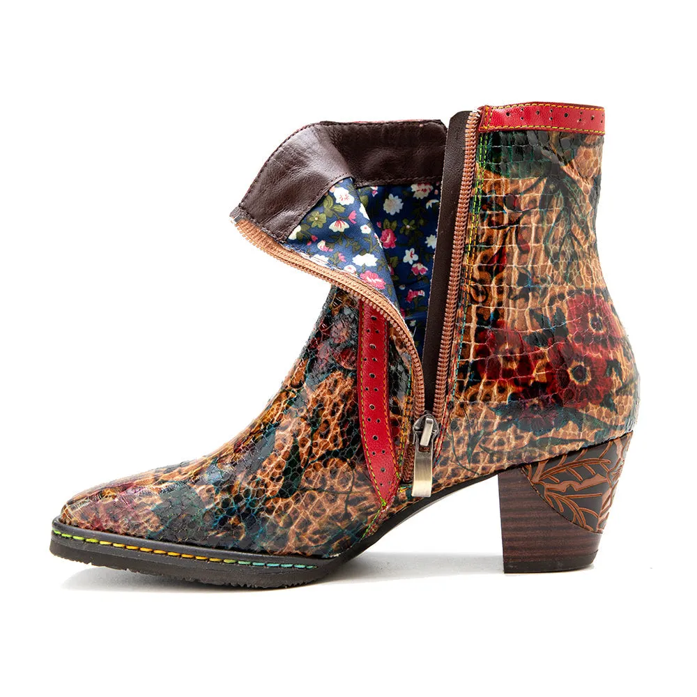 Women's Brown Patterned Vintage Leather Ankle Boots