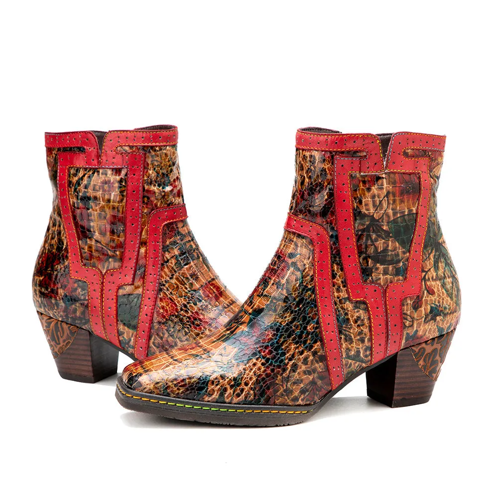 Women's Brown Patterned Vintage Leather Ankle Boots