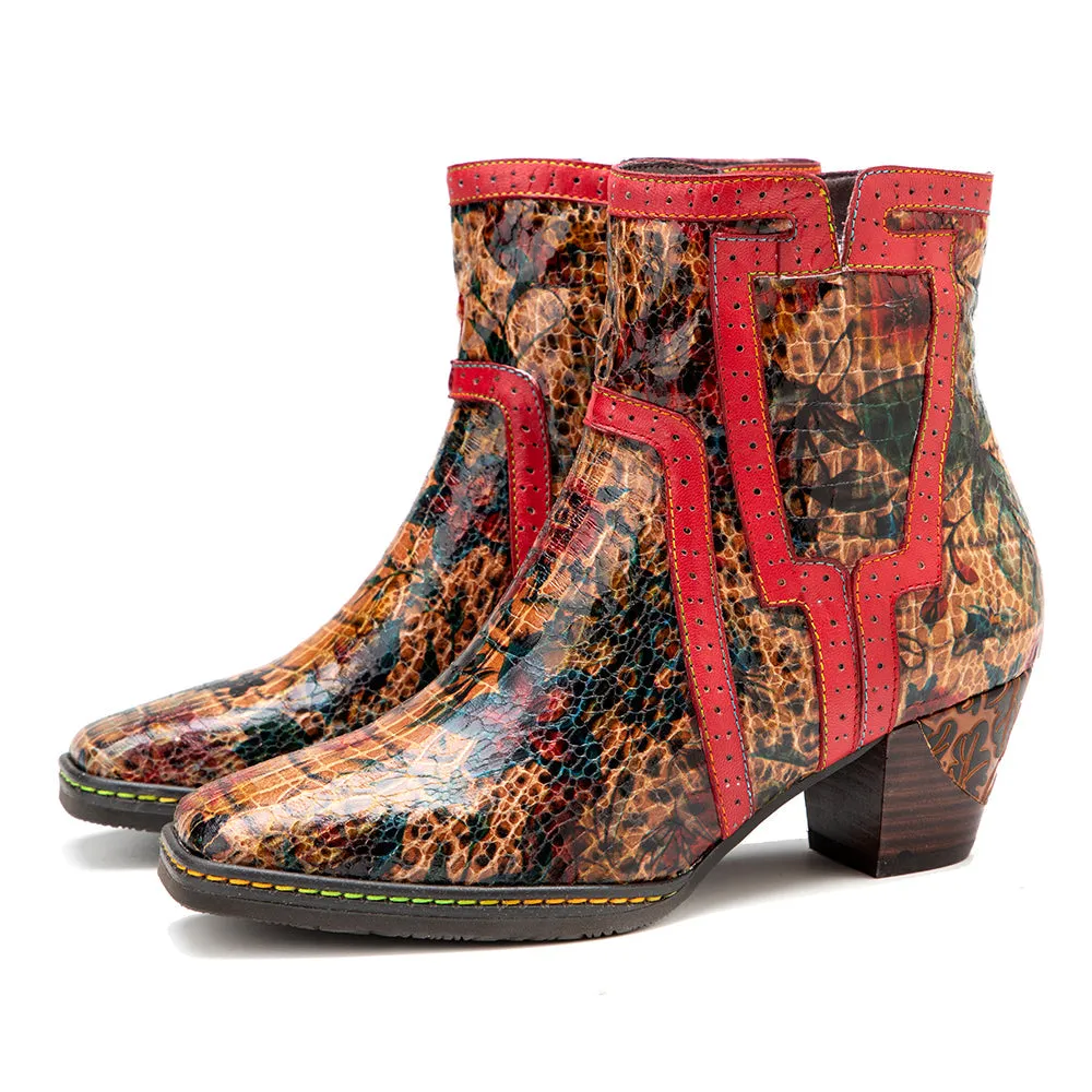 Women's Brown Patterned Vintage Leather Ankle Boots