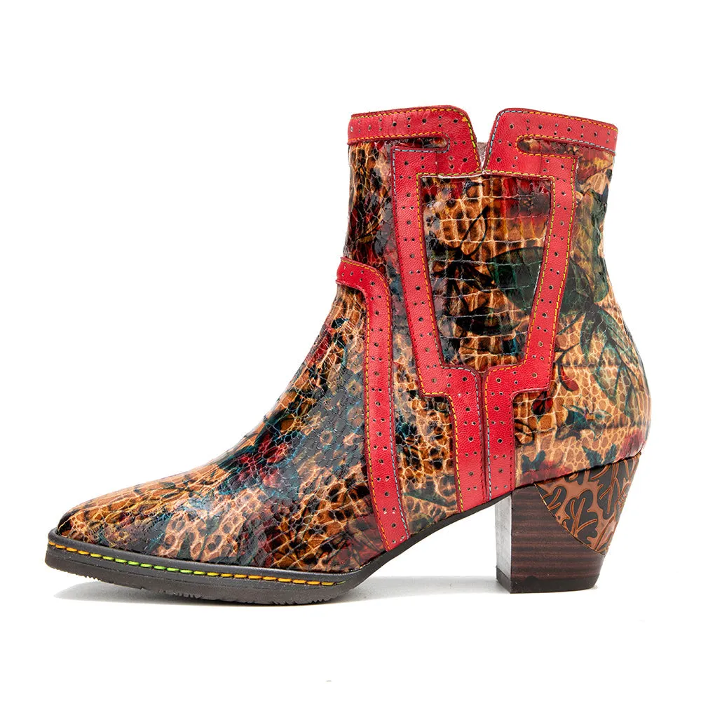 Women's Brown Patterned Vintage Leather Ankle Boots