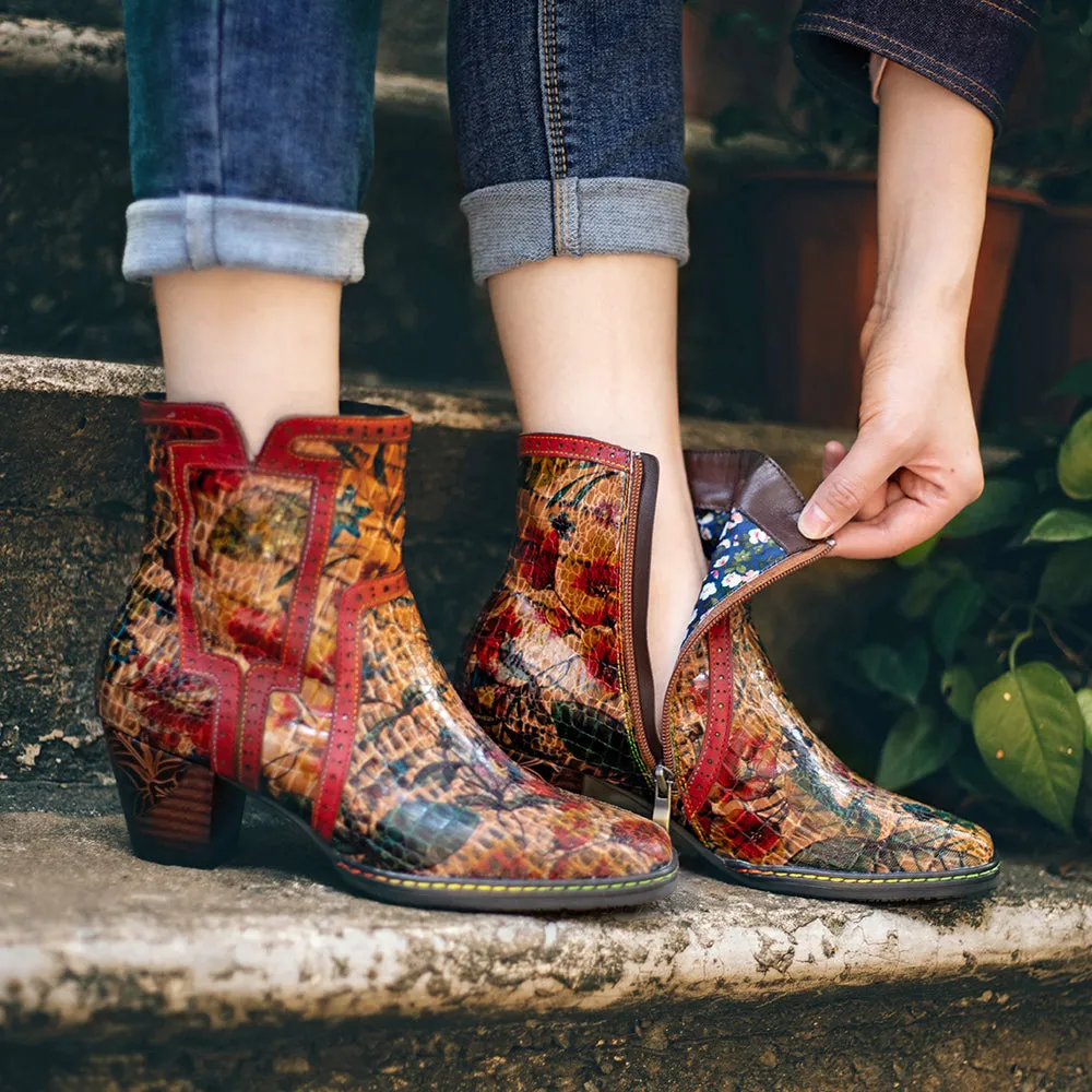 Women's Brown Patterned Vintage Leather Ankle Boots