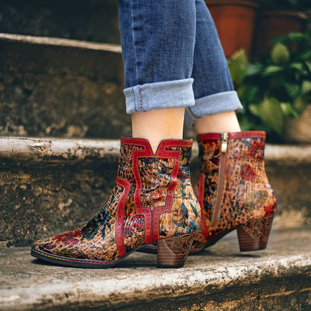 Women's Brown Patterned Vintage Leather Ankle Boots