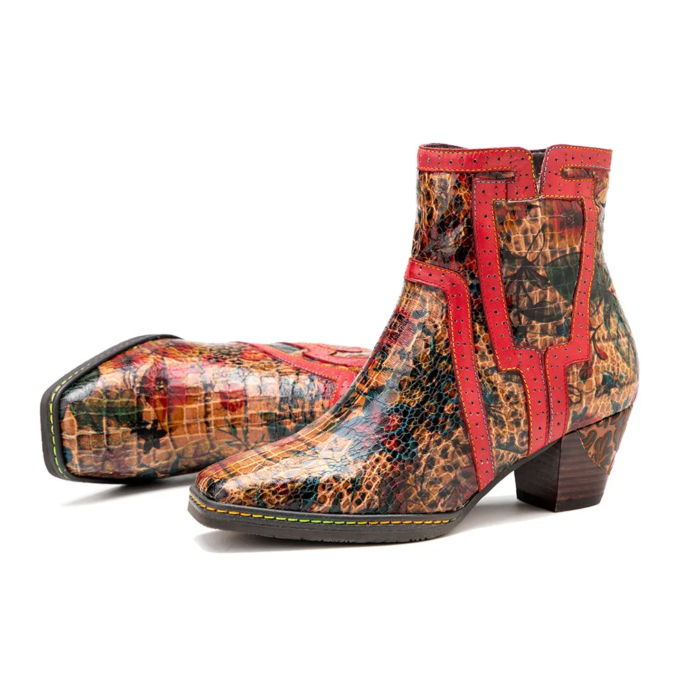 Women's Brown Patterned Vintage Leather Ankle Boots