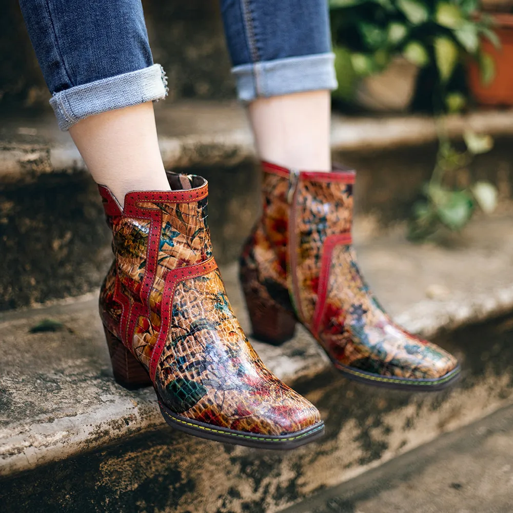 Women's Brown Patterned Vintage Leather Ankle Boots