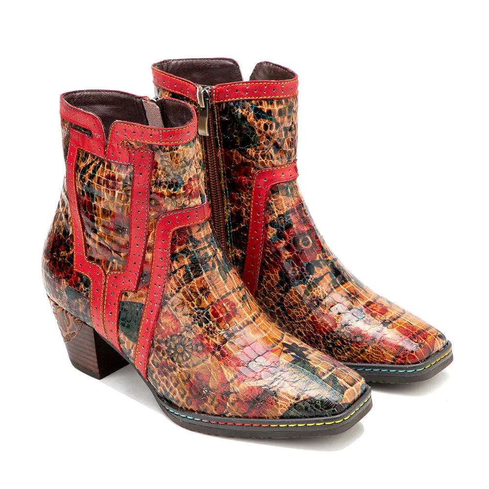 Women's Brown Patterned Vintage Leather Ankle Boots