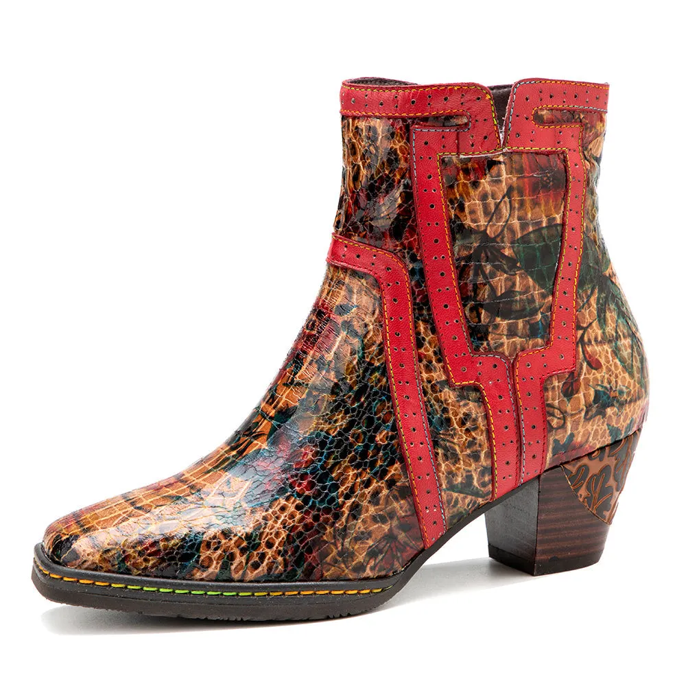 Women's Brown Patterned Vintage Leather Ankle Boots