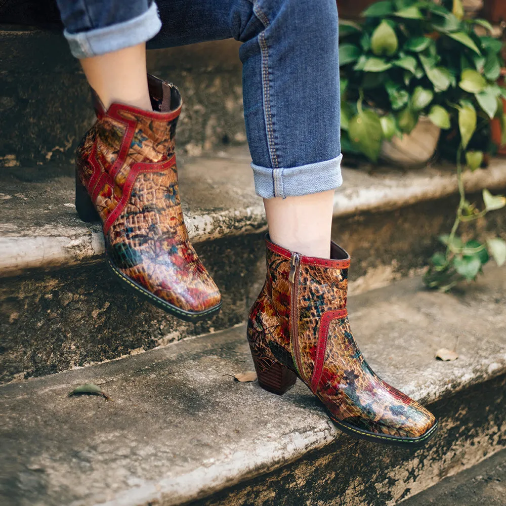 Women's Brown Patterned Vintage Leather Ankle Boots