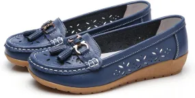 Women's Leather Classic Wedge Moccasins Slip-On Casual Walking Driving Cutout Breathable, Non Slip Soft Outdoor Comfortable Casual Flat Shoe, Versatile Trendy Driving Shoes