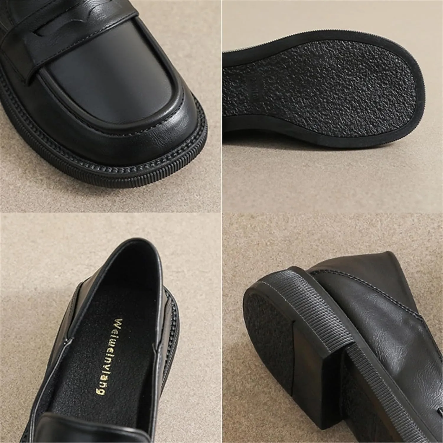Women's Leather Slip On Platform Loafers Casual Round Toe Non Slip Flat Shoes Casual Comfortable Office Business Walking Shoes