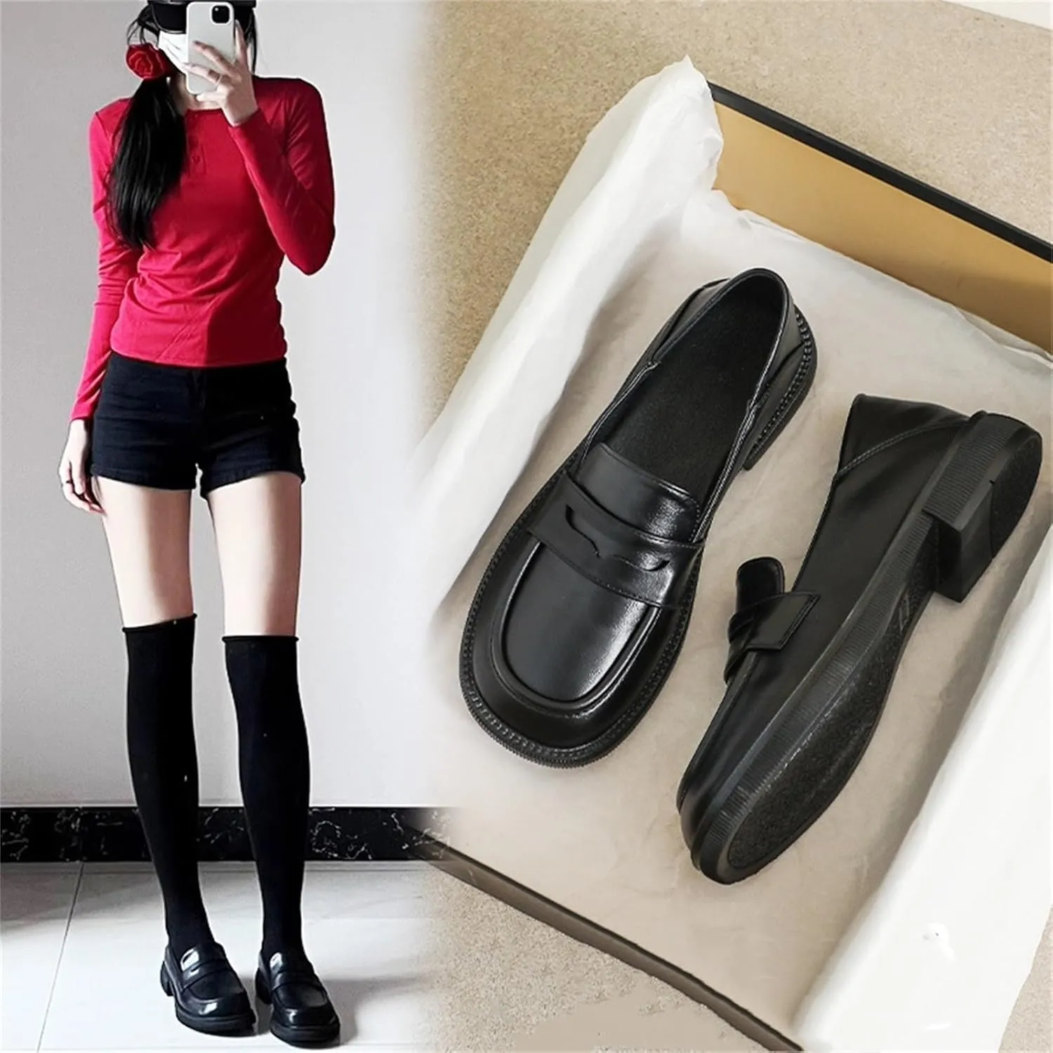 Women's Leather Slip On Platform Loafers Casual Round Toe Non Slip Flat Shoes Casual Comfortable Office Business Walking Shoes