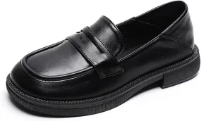 Women's Leather Slip On Platform Loafers Casual Round Toe Non Slip Flat Shoes Casual Comfortable Office Business Walking Shoes