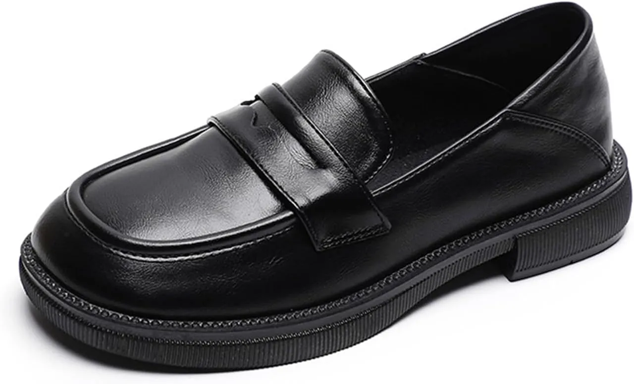 Women's Leather Slip On Platform Loafers Casual Round Toe Non Slip Flat Shoes Casual Comfortable Office Business Walking Shoes