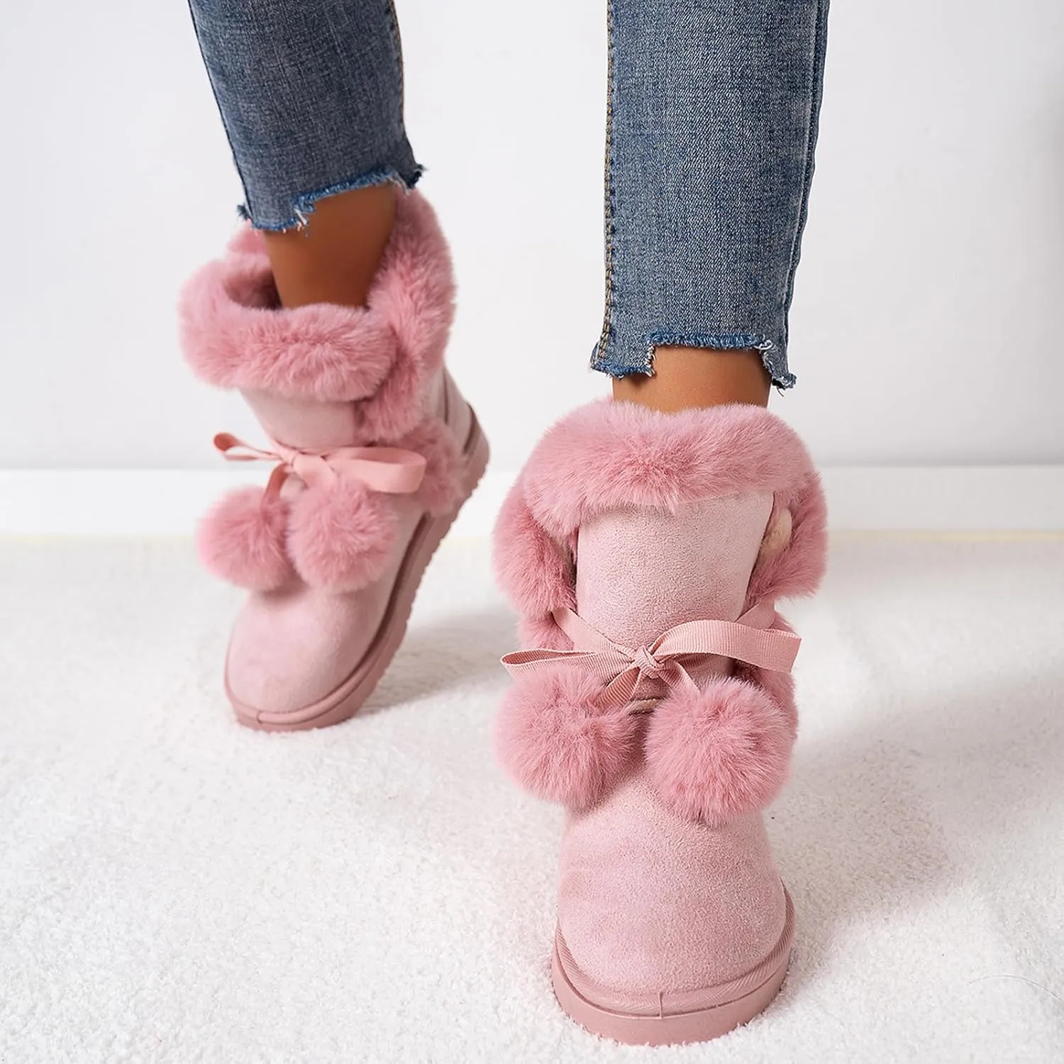 WUIWUIYU Women's Cute Pom-pom Lace Up Fur Winter Snow Boots Sweetheart Princess Fluffy Boots