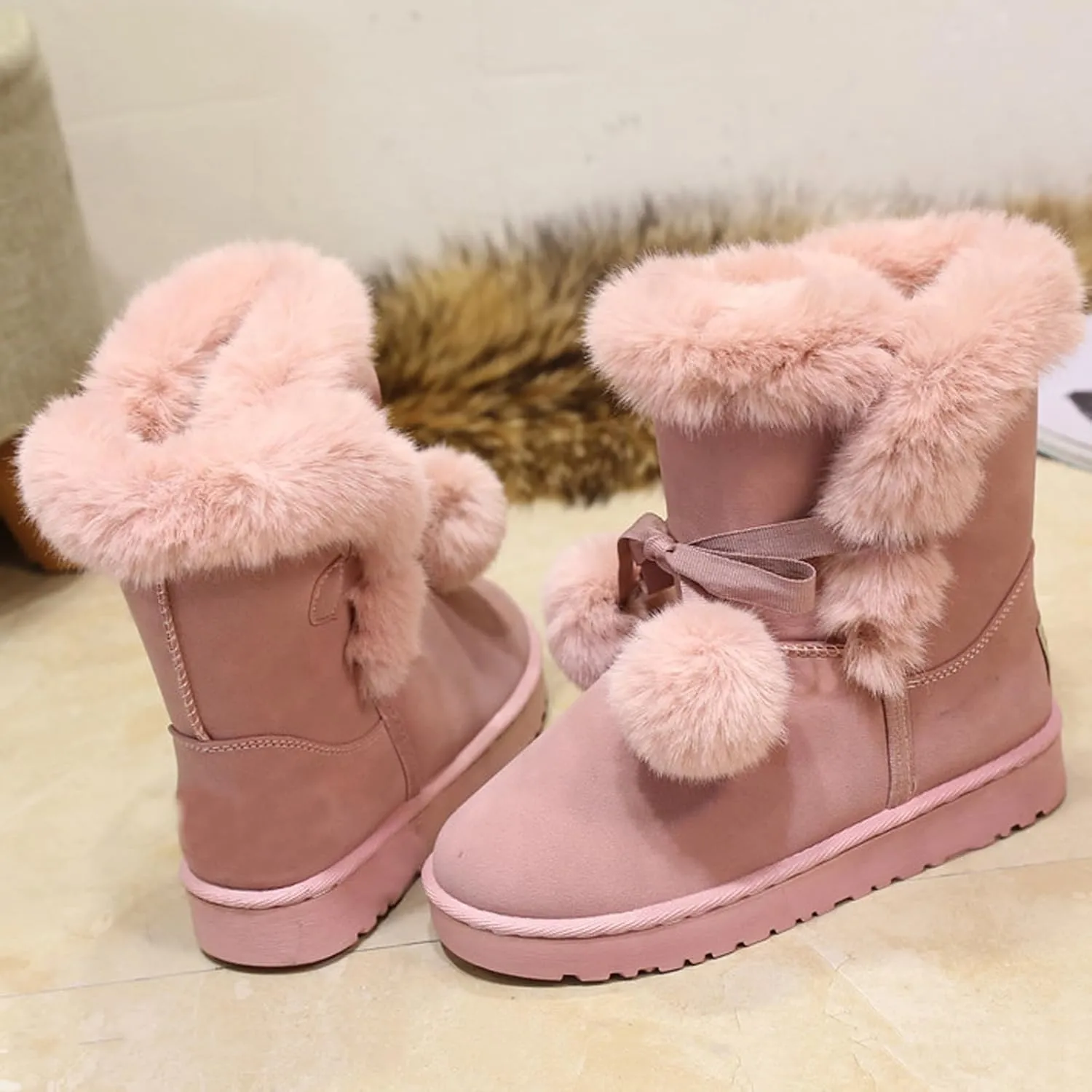 WUIWUIYU Women's Cute Pom-pom Lace Up Fur Winter Snow Boots Sweetheart Princess Fluffy Boots