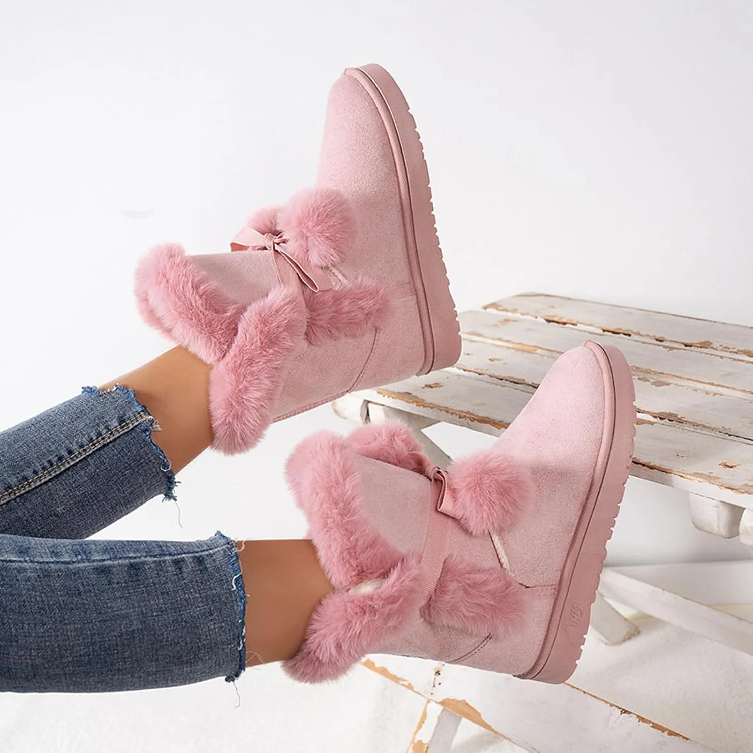 WUIWUIYU Women's Cute Pom-pom Lace Up Fur Winter Snow Boots Sweetheart Princess Fluffy Boots