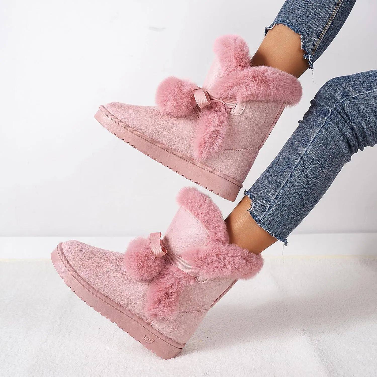 WUIWUIYU Women's Cute Pom-pom Lace Up Fur Winter Snow Boots Sweetheart Princess Fluffy Boots