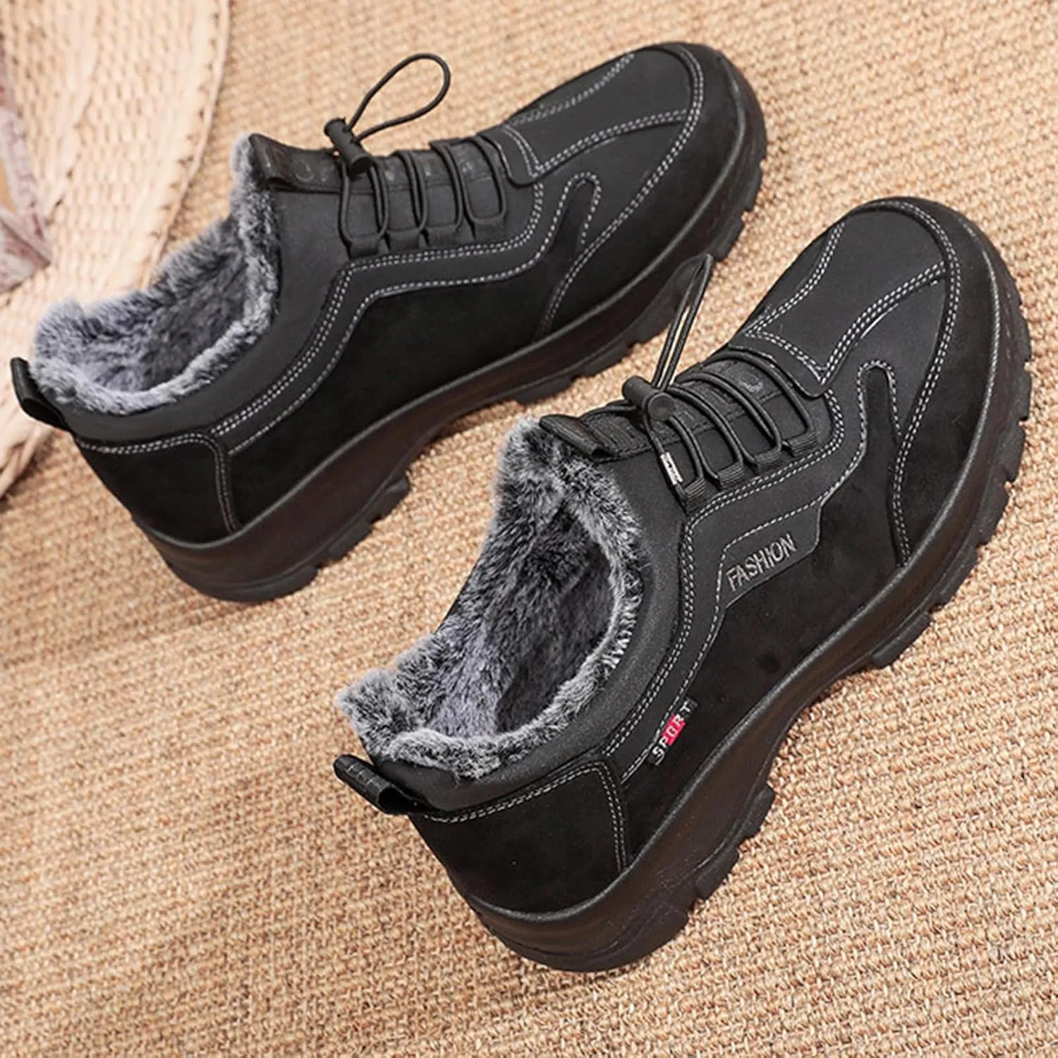 Zeberfi Men's Warm Fur Lined Elastic Band Slip On Snow Boots Winter Casual Trekking Anti-Slip Waterproof Backpacking Booties Lightweight Outdoor Walking Hiking Loafers